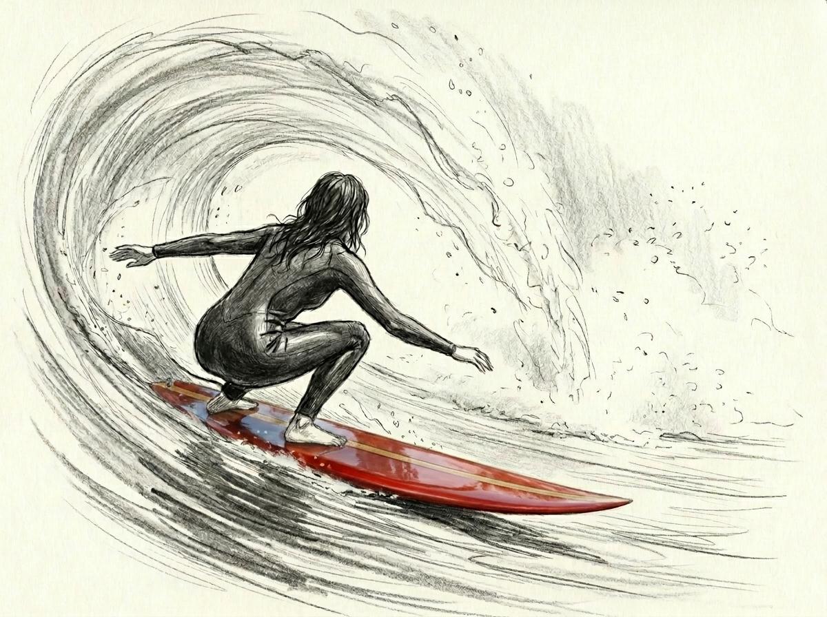 Eine Person surft von hinten gesehen tief in der Hocke eine große, sich überschlagende Welle; das Surfbrett leuchtet in kräftigem Rot, der Rest ist Kohlezeichnung.