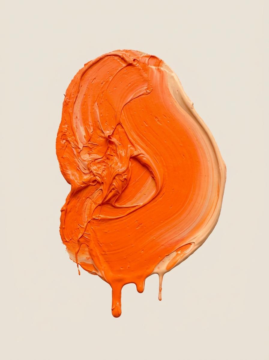 Eine weiche Kugel in Neon-Orange als dickes Impasto, eine Seite eingedrückt, der Rest schon wieder rund — die Blase, die nachgibt und zurückkehrt