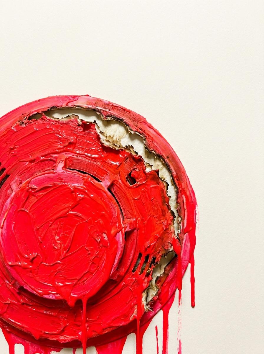 Ein Rauchmelder in Neon-Rot als dickes Impasto — leuchtend, fast glühend, der lauteste Melder im Haus