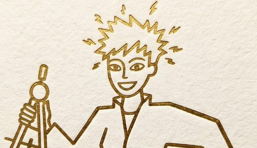Hilde — eine goldene Strichzeichnung mit Pumuckl-Frisur, die einen Zirkel hochhält und fragend in die Kamera blickt.
