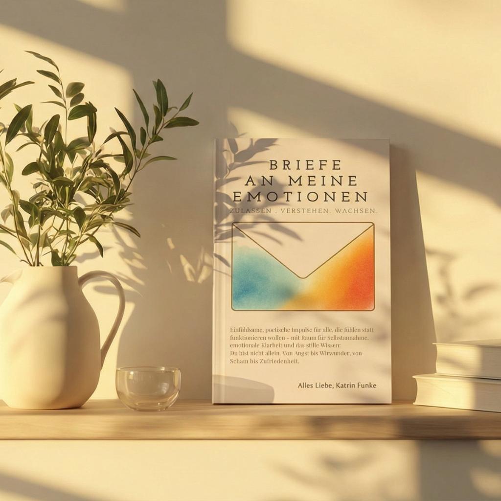 Das Buch „Briefe an meine Emotionen" von Katrin Funke, aufgestellt auf einem Regal neben einer Vase, in warmem Licht.