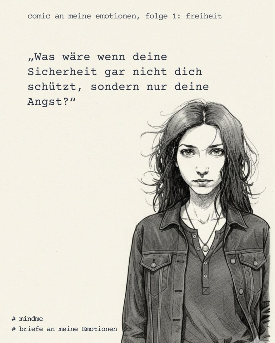 Comic „Freiheit“, erste Seite: eine junge Frau blickt direkt nach vorn, darüber die Frage „Was wäre wenn deine Sicherheit gar nicht dich schützt, sondern nur deine Angst?“