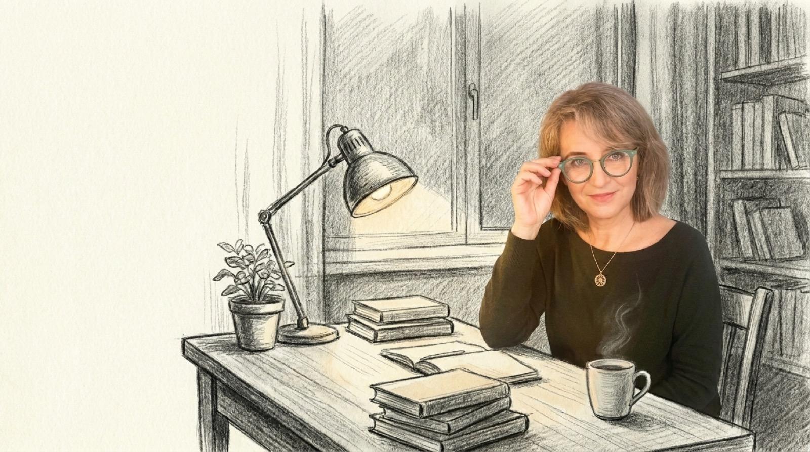 Katrin in einem gezeichneten Studio, die ihre morgentau-grüne Brille zurechtrückt — echtes Foto in einer Kohlewelt, eine dampfende Tasse auf dem Tisch.