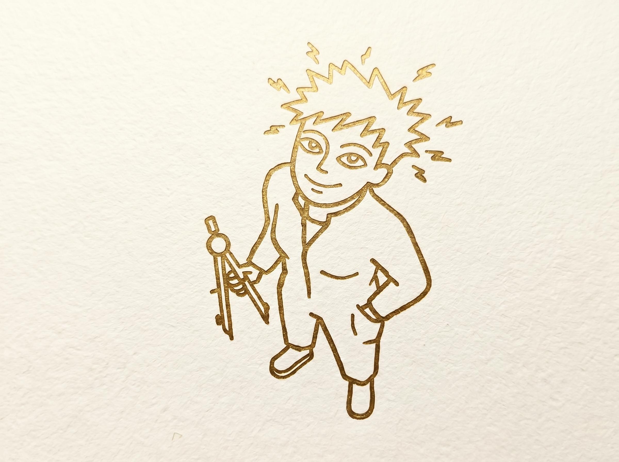 Hilde — eine koboldhafte Figur in goldener Linie mit zerzaustem Haar, hält ihren Zirkel und schaut fragend-warm.