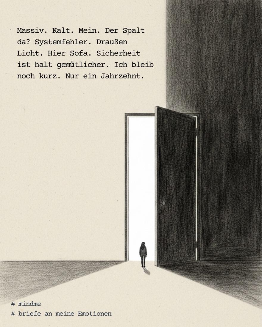 Eine winzige Figur vor einer riesigen, einen Spalt offenen dunklen Tür. „Massiv. Kalt. Mein. … Ich bleib noch kurz. Nur ein Jahrzehnt.“