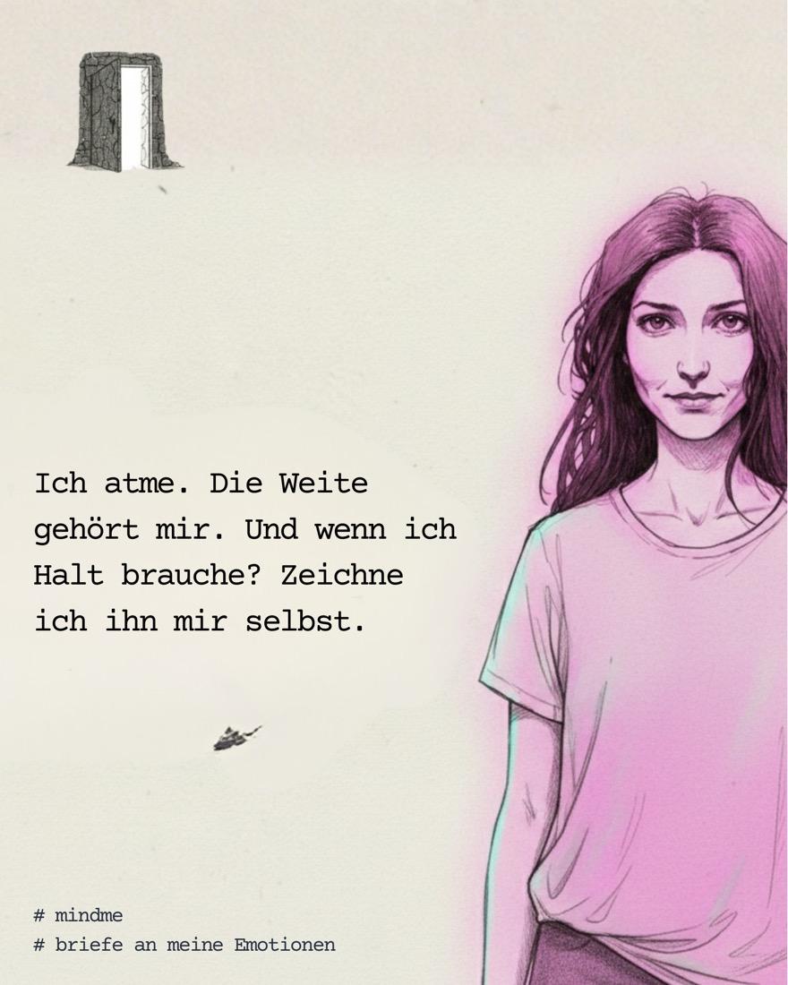 Frau in rosa Licht, die kleine Tür weit entfernt hinter ihr. „Ich atme. Die Weite gehört mir. Und wenn ich Halt brauche? Zeichne ich ihn mir selbst.“
