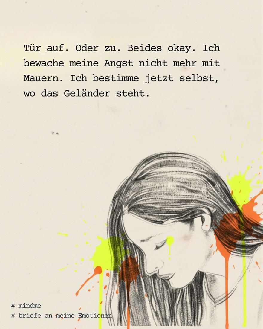 Gesenkter Kopf mit Neon-Spritzern. „Tür auf. Oder zu. Beides okay. … Ich bestimme jetzt selbst, wo das Geländer steht.“